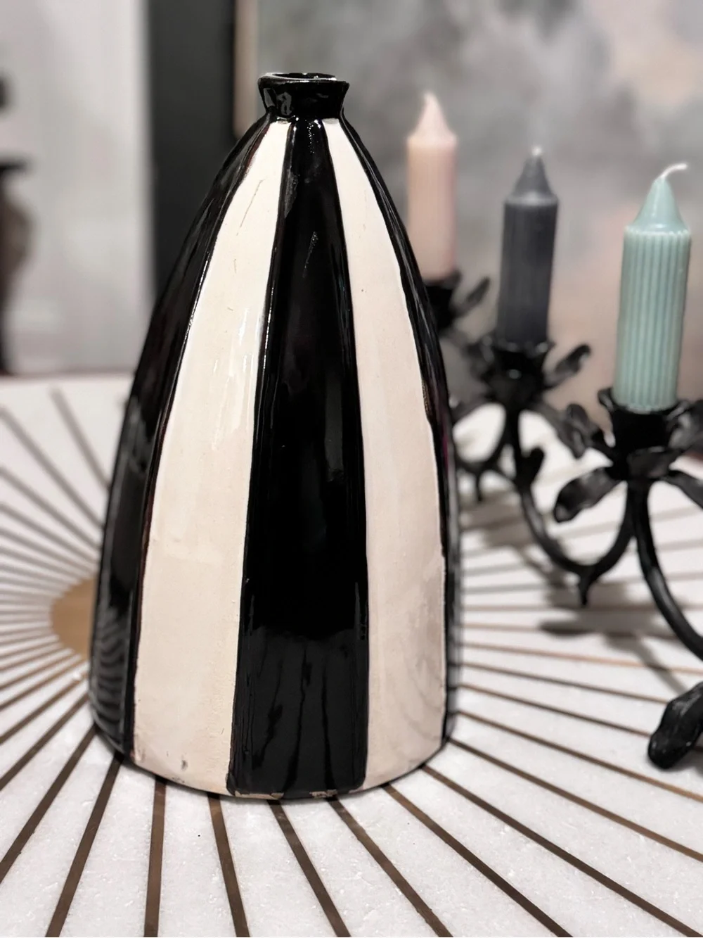 Rare Studio Pottery Vase: Black & White Striped Mid-Century Modern Decor 11.5”
